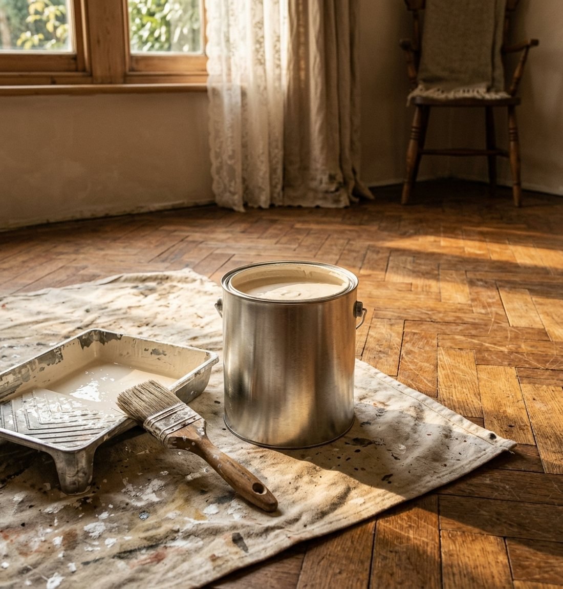 Verfblik en roller op een afgedekte houten vloer in een woonkamer