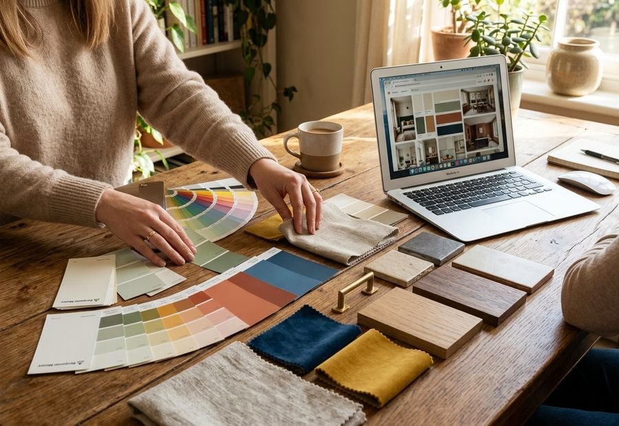 Kleurstalen en materiaalmonsters op tafel tijdens een kleuradvies